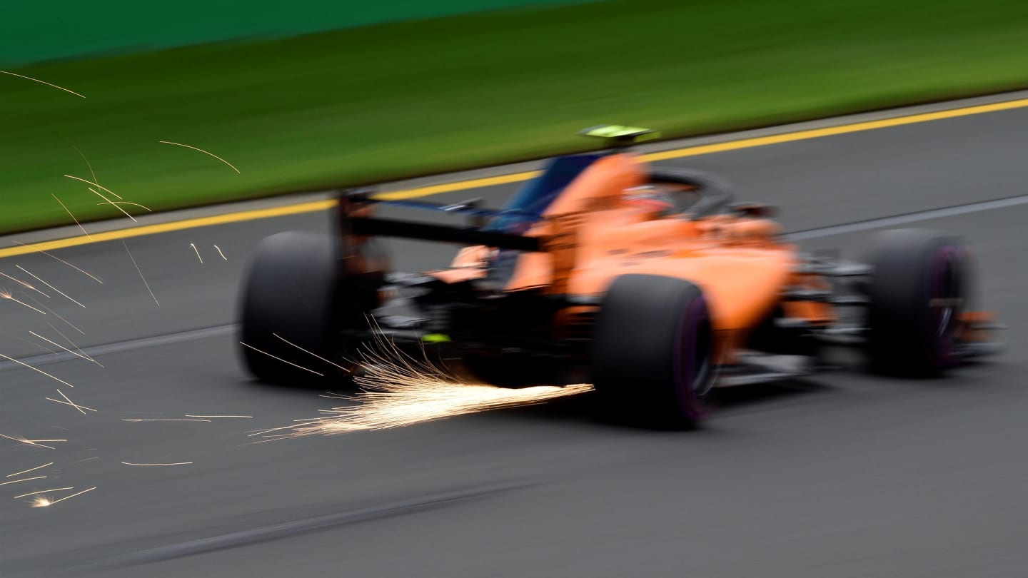 Stoffel Vandoorne (BEL) McLaren MCL33 rear sparks at Formula One World Championship, Rd1, Australian Grand Prix, Qualifying, Melbourne, Australia, Saturday 24 March 2018. © Dirk Klynsmith/Sutton Images
