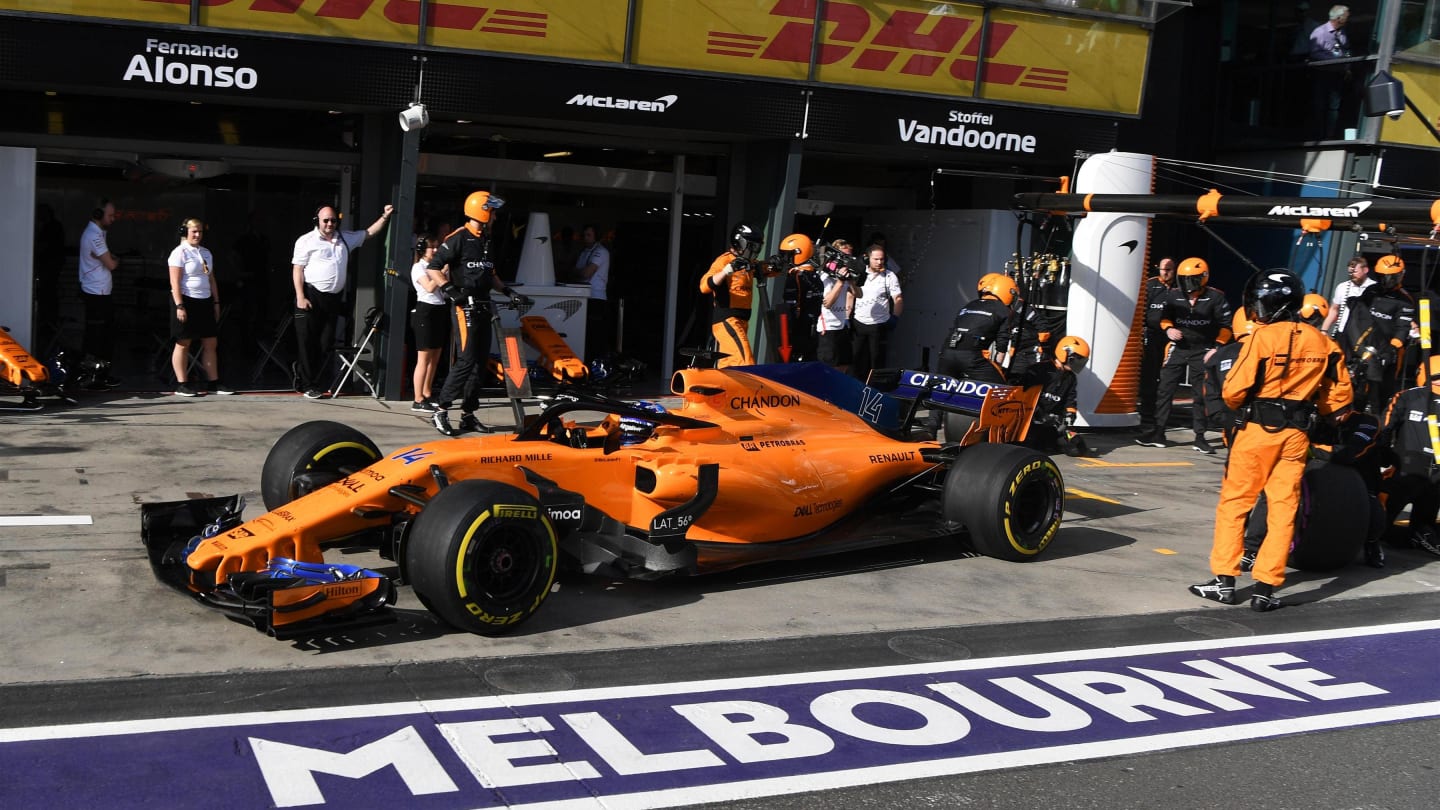 Fernando Alonso (ESP) McLaren MCL33 pit stop at Formula One World Championship, Rd1, Australian Grand Prix, Race, Melbourne, Australia, Sunday 25 March 2018. © Mark Sutton/Sutton Images