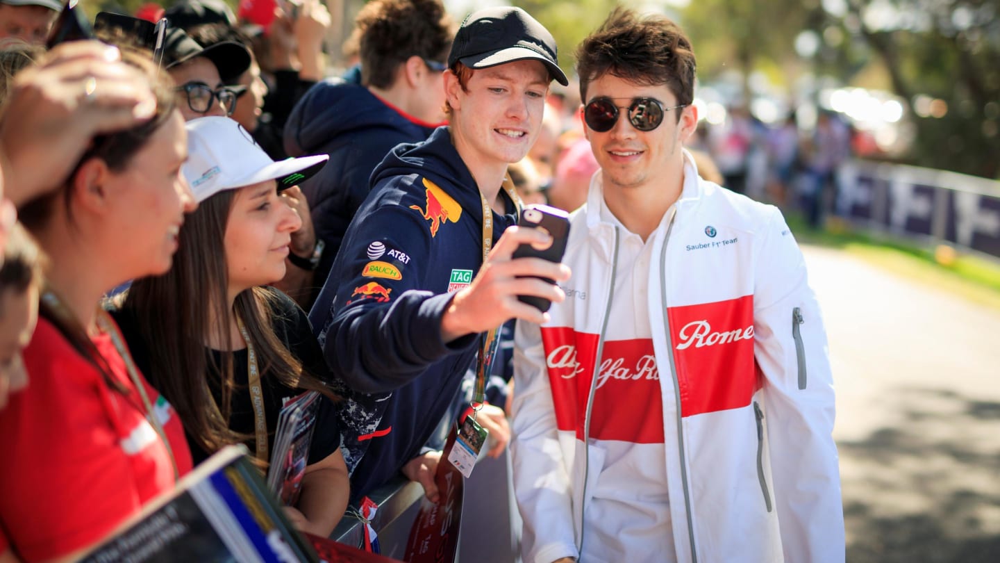 Charles Leclerc (MON) Alfa Romeo Sauber F1 Team fans selfie at Formula One World Championship, Rd1,