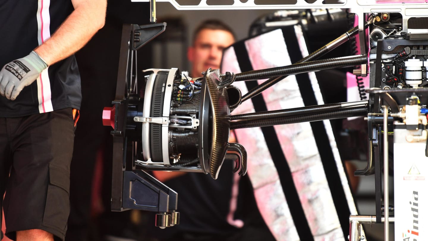 Force India VJM11 front wheel hub detail at Formula One World Championship, Rd1, Australian Grand Prix, Preparations, Melbourne, Australia, Thursday 22 March 2018. © Mark Sutton/Sutton Images