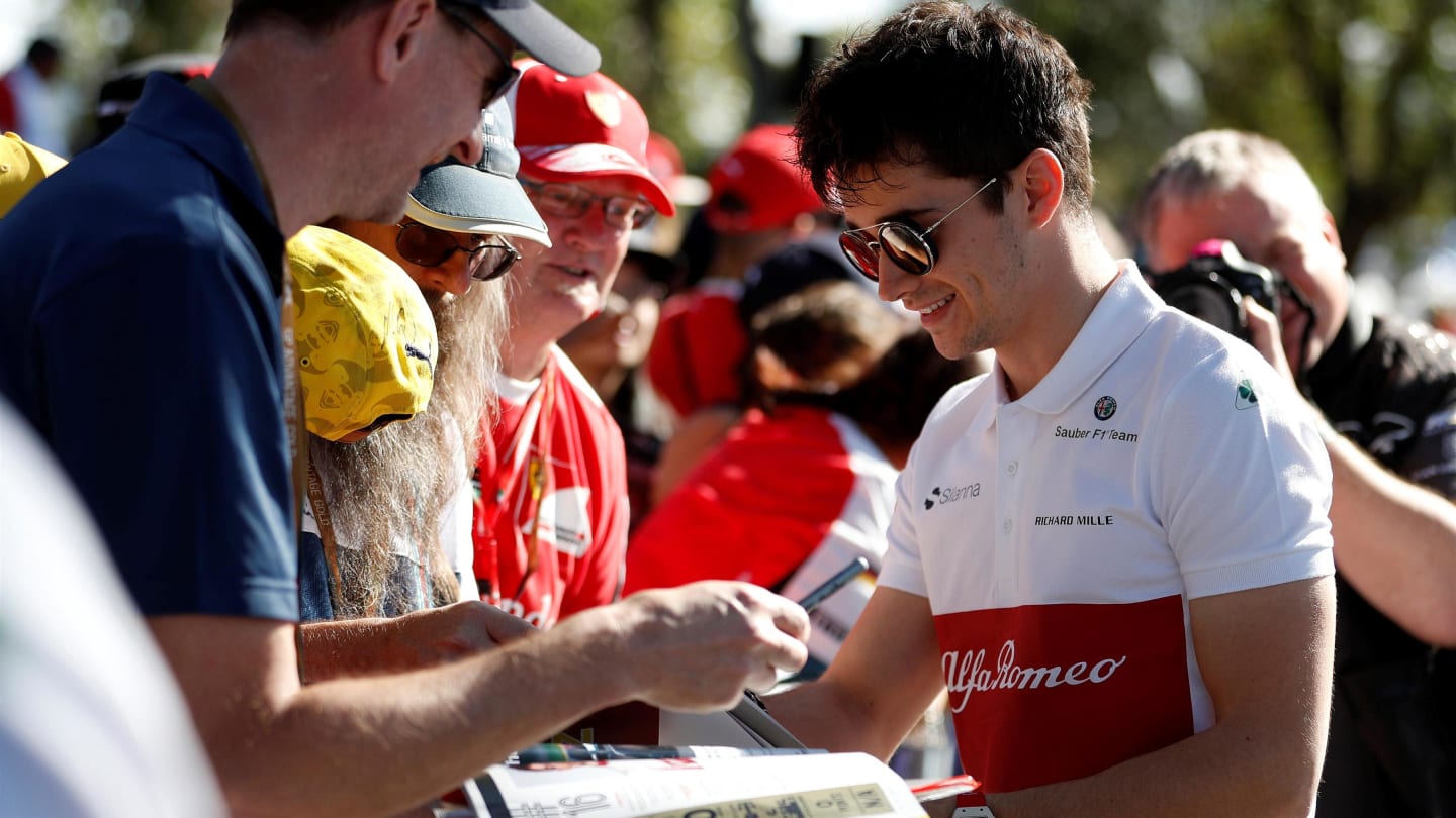 Charles Leclerc (MON) Alfa Romeo Sauber F1 Team signs autographs for the fans at Formula One World Championship, Rd1, Australian Grand Prix, Preparations, Melbourne, Australia, Thursday 22 March 2018. © LAT/Sutton Images