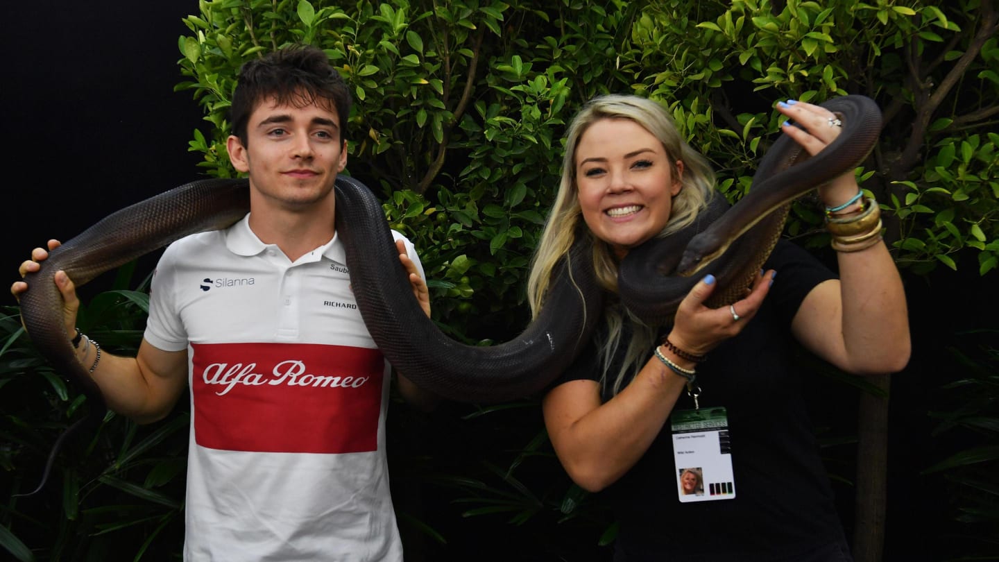 Charles Leclerc (MON) Alfa Romeo Sauber F1 Team with a snake at Formula One World Championship, Rd1, Australian Grand Prix, Preparations, Melbourne, Australia, Thursday 22 March 2018. © Mark Sutton/Sutton Images