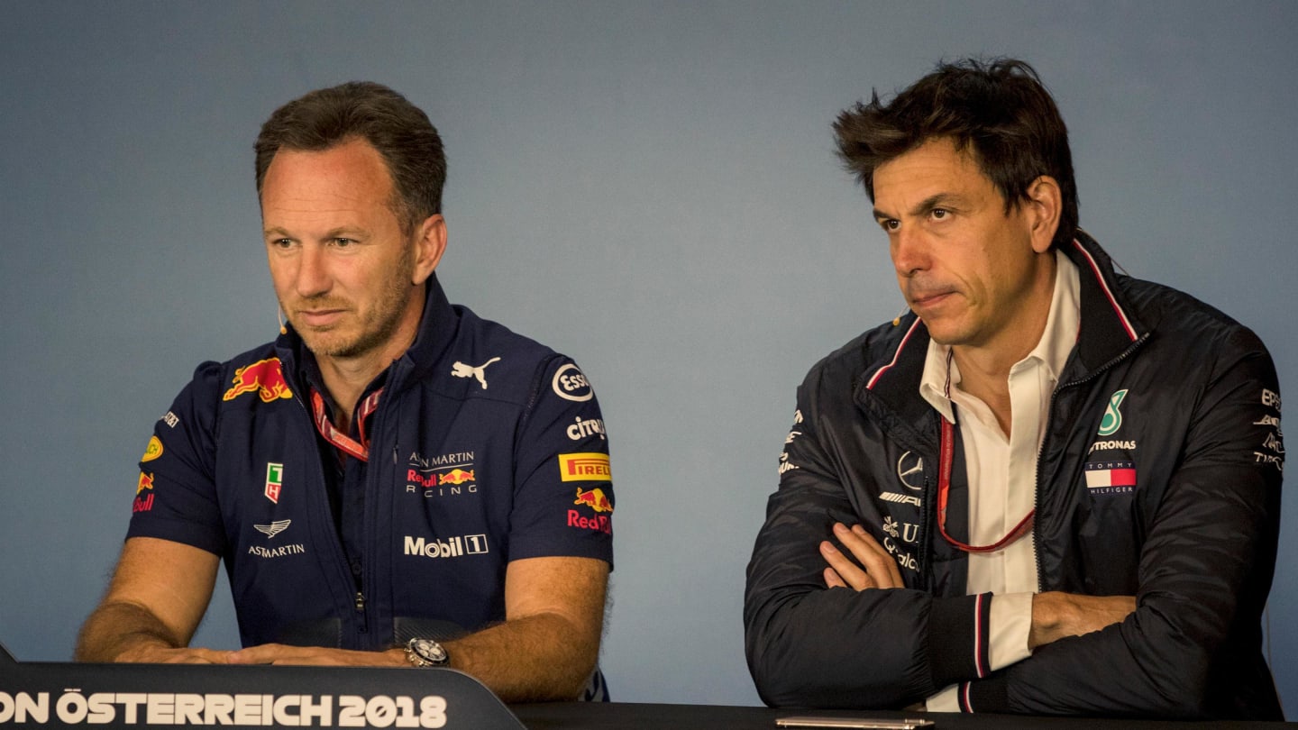 Christian Horner (GBR) Red Bull Racing Team Principal and Toto Wolff (AUT) Mercedes AMG F1 Director of Motorsport in the Press Conference at Formula One World Championship, Rd9, Austrian Grand Prix, Practice, Spielberg, Austria, Friday 29 June 2018. © Manuel Goria/Sutton Images