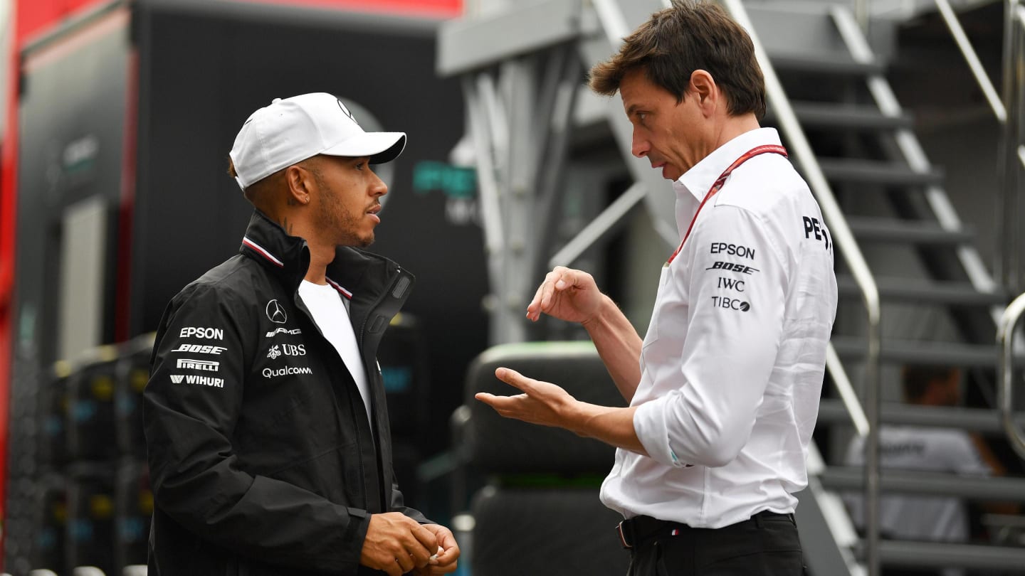 Lewis Hamilton (GBR) Mercedes-AMG F1 and Toto Wolff (AUT) Mercedes AMG F1 Director of Motorsport at