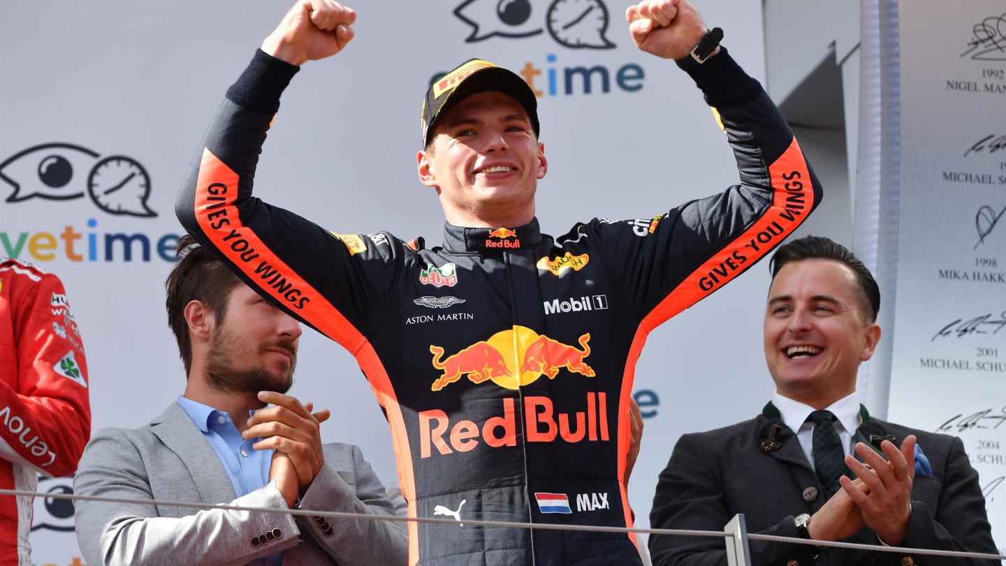 Race winner Max Verstappen (NED) Red Bull Racing celebrates on the podium at Formula One World Championship, Rd9, Austrian Grand Prix, Race, Spielberg, Austria, Sunday 1 July 2018. © Mark Sutton/Sutton Images