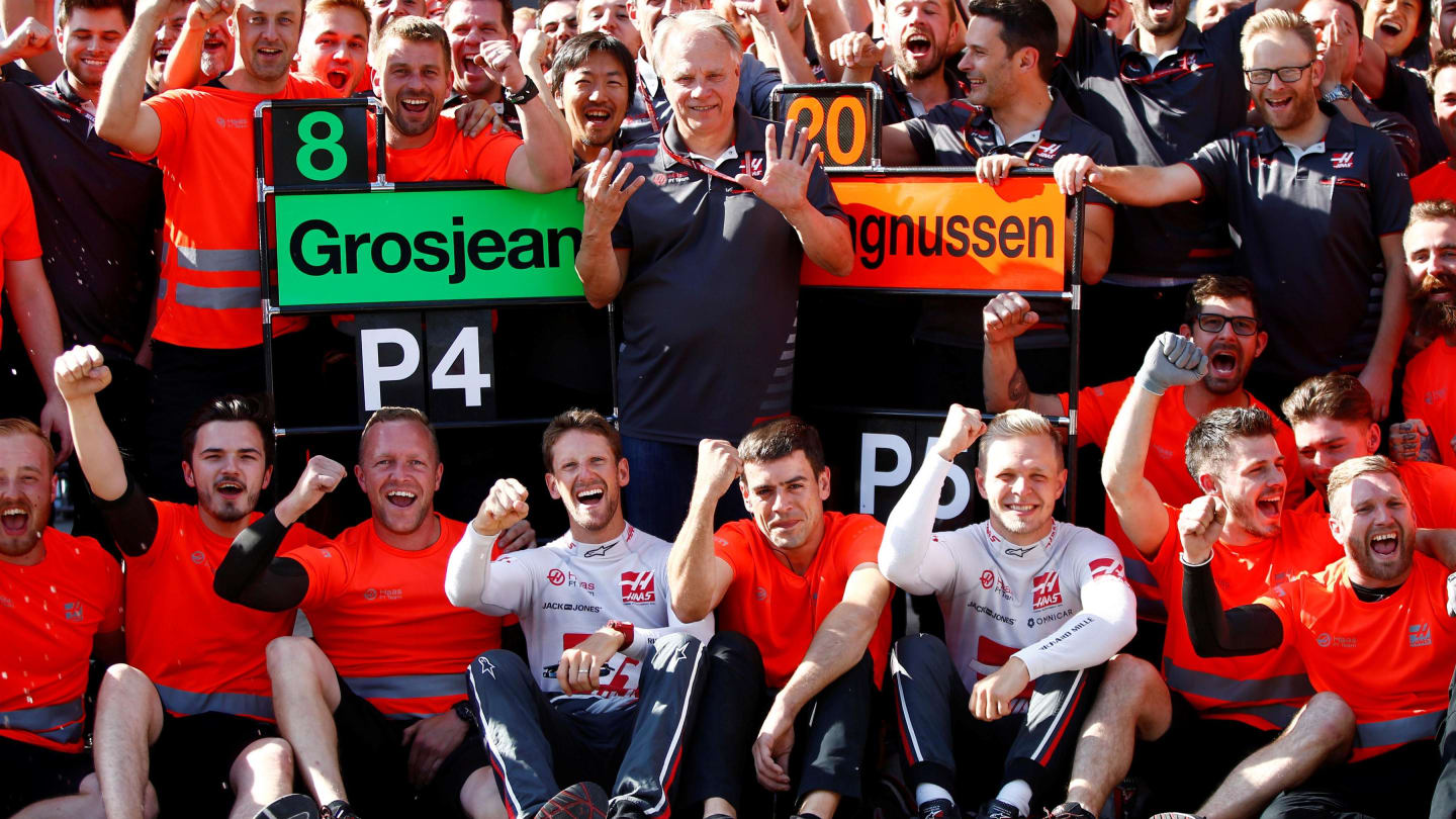 Romain Grosjean (FRA) Haas F1 aND Kevin Magnussen (DEN) Haas F1 celebrates fourth and fifth place
