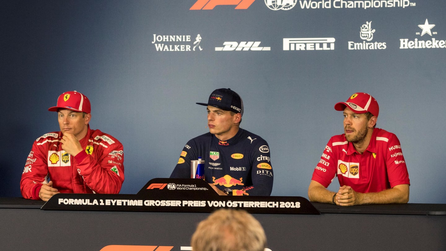 (L to R): Kimi Raikkonen (FIN) Ferrari, Max Verstappen (NED) Red Bull Racing and Sebastian Vettel