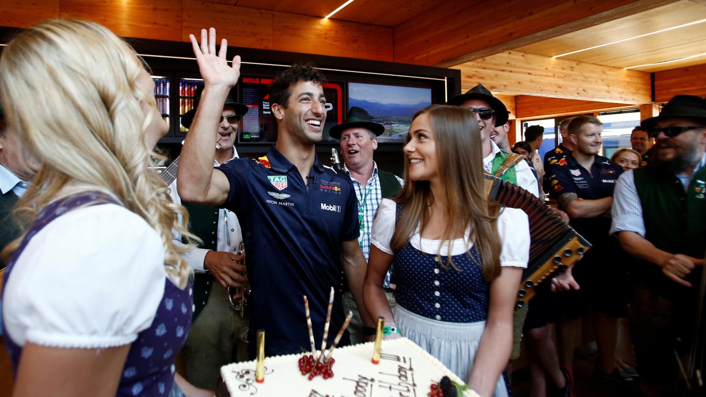 From Sunday... Daniel Ricciardo (AUS) Red Bull Racing celebrates his birthday with a Birthday cake at Formula One World Championship, Rd9, Austrian Grand Prix, Race, Spielberg, Austria, Sunday 1 July 2018. © Manuel Goria/Sutton Images