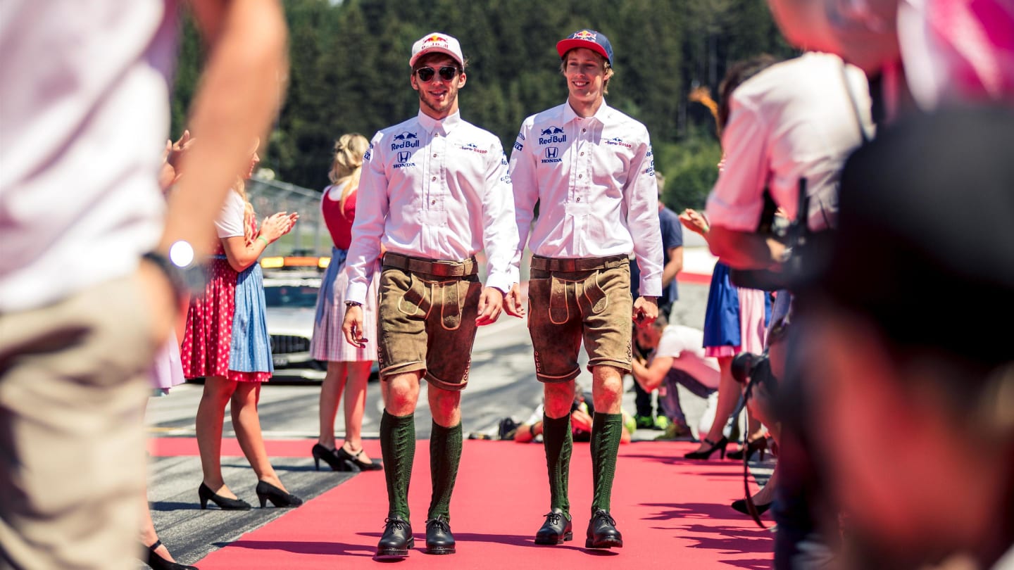 Pierre Gasly (FRA) Scuderia Toro Rosso and Brendon Hartley (NZL) Scuderia Toro Rosso on the drivers parade at Formula One World Championship, Rd9, Austrian Grand Prix, Race, Spielberg, Austria, Sunday 1 July 2018. © Manuel Goria/Sutton Images