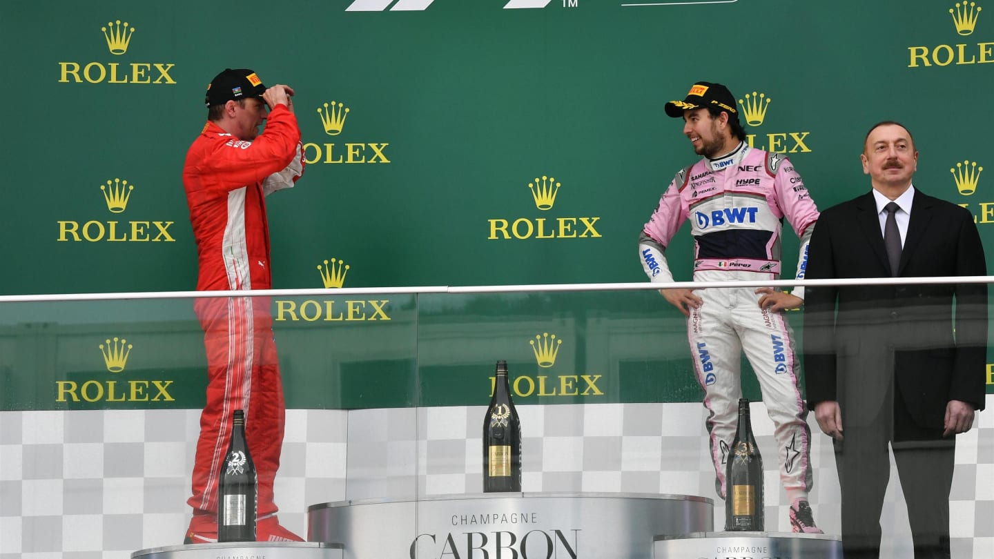 Kimi Raikkonen (FIN) Ferrari and Sergio Perez (MEX) Force India on the podium at Formula One World Championship, Rd4, Azerbaijan Grand Prix, Race, Baku City Circuit, Baku, Azerbaijan, Sunday 29 April 2018. © Mark Sutton/Sutton Images