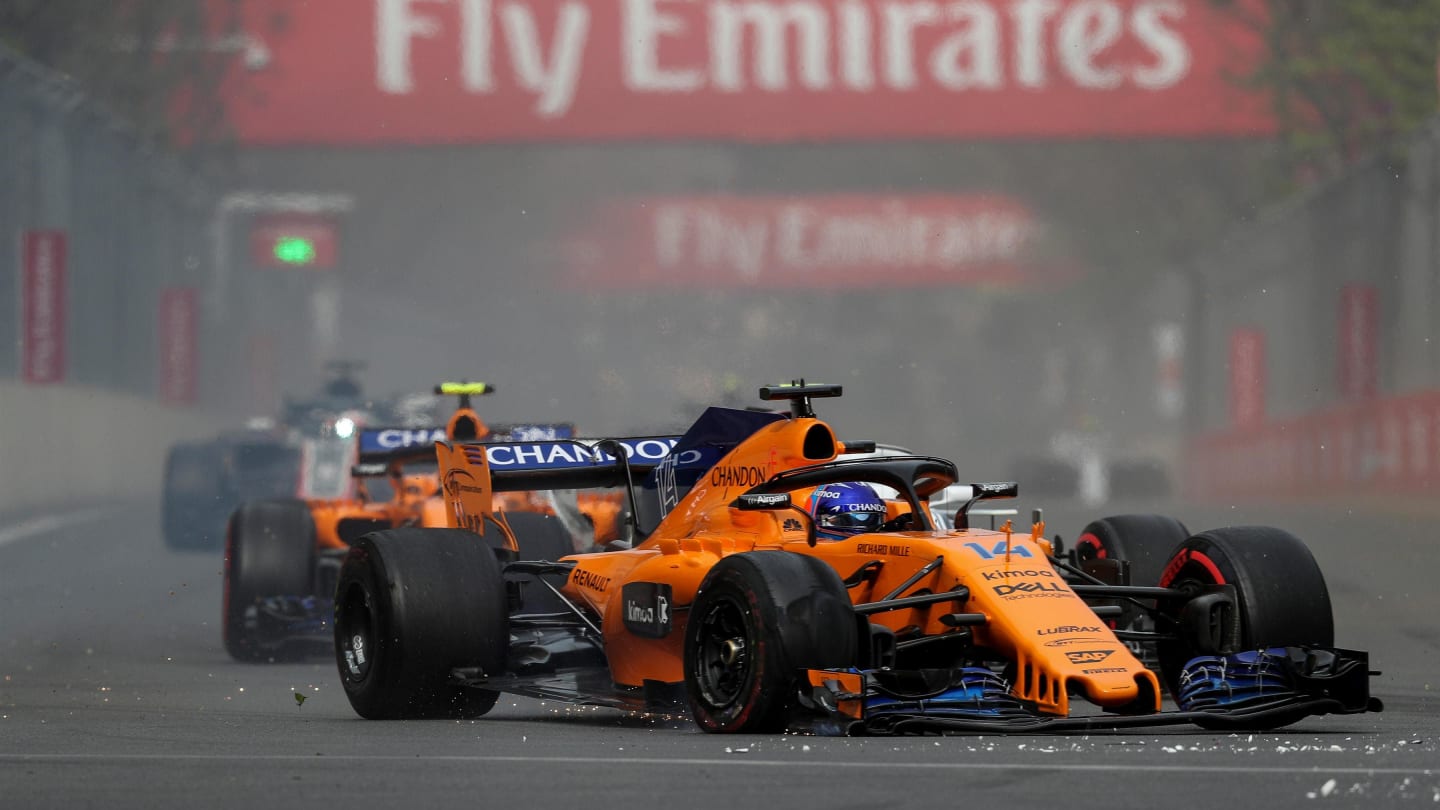 Fernando Alonso (ESP) McLaren MCL33 with puncture on lap one at Formula One World Championship, Rd4, Azerbaijan Grand Prix, Race, Baku City Circuit, Baku, Azerbaijan, Sunday 29 April 2018. © James Gasperotti/Sutton Images