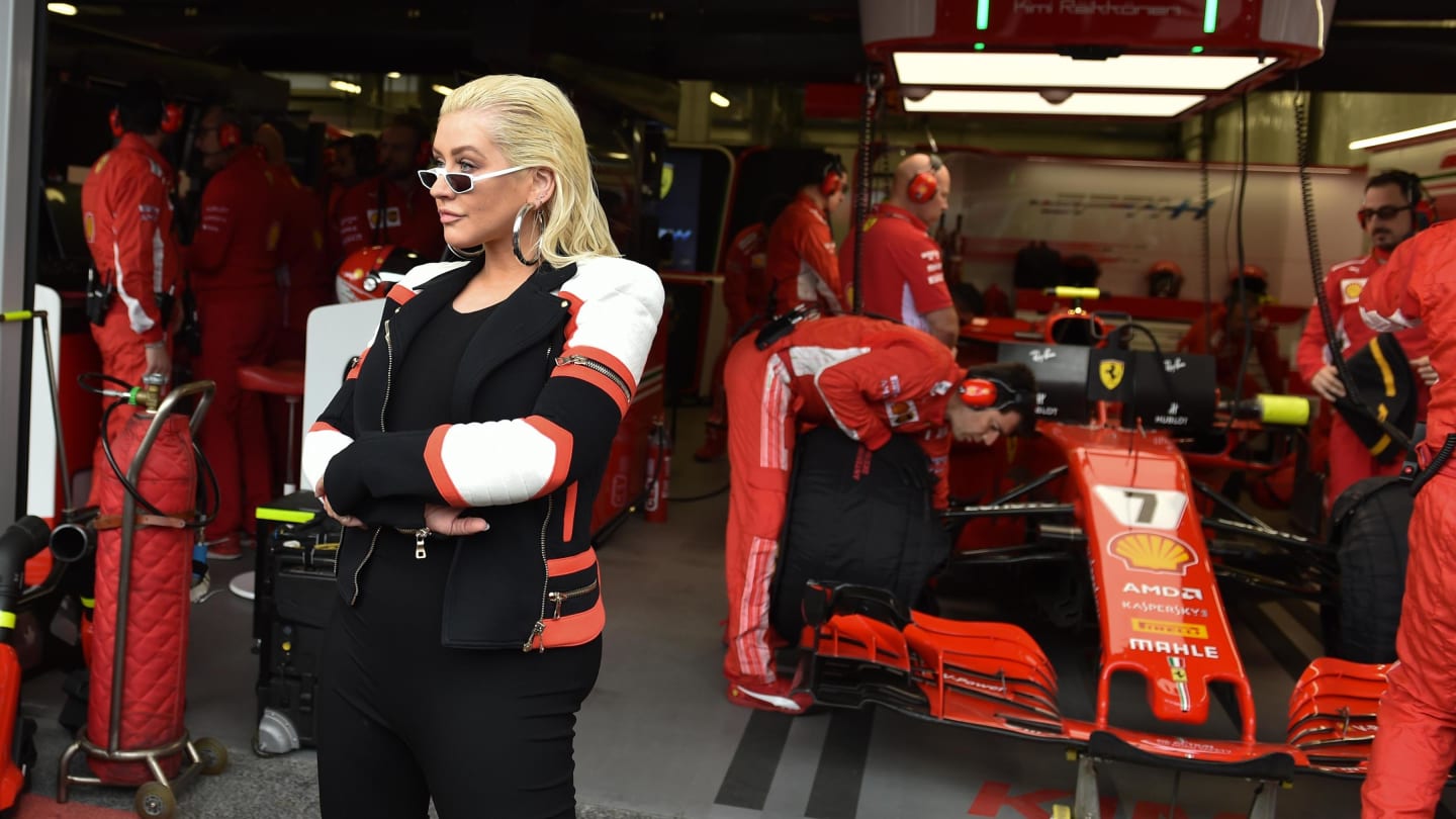 Christina Aguilera (USA) at the Ferrari garage at Formula One World Championship, Rd4, Azerbaijan Grand Prix, Race, Baku City Circuit, Baku, Azerbaijan, Sunday 29 April 2018. © Simon Galloway/Sutton Images