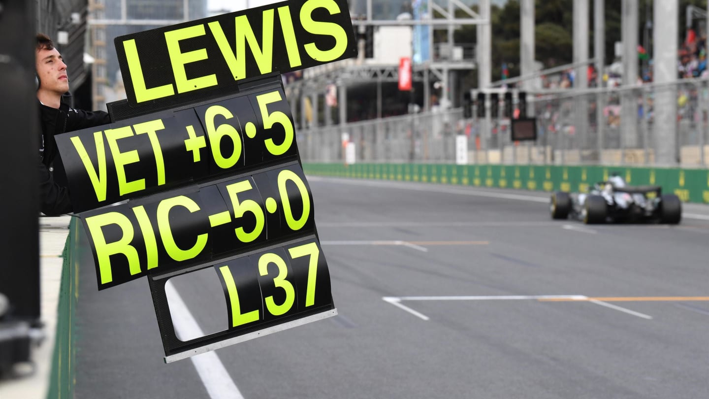 Pit board for Lewis Hamilton (GBR) Mercedes-AMG F1 W09 EQ Power+ at Formula One World Championship, Rd4, Azerbaijan Grand Prix, Race, Baku City Circuit, Baku, Azerbaijan, Sunday 29 April 2018. © Mark Sutton/Sutton Images