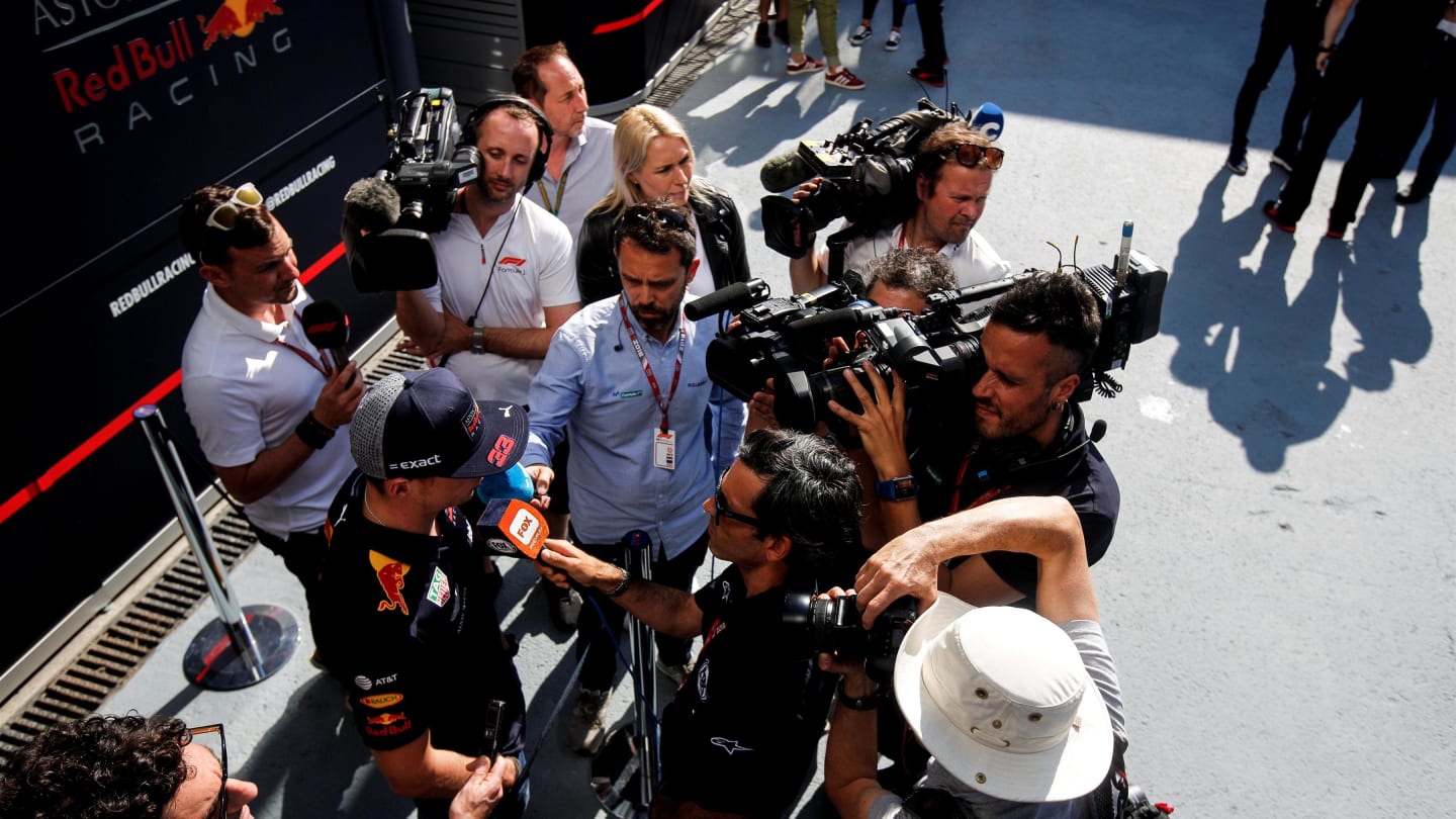 Max Verstappen (NED) Red Bull Racing talks with the media at Formula One World Championship, Rd4, Azerbaijan Grand Prix, Preparations, Baku City Circuit, Baku, Azerbaijan, Thursday 26 April 2018. © James Gasperotti/Sutton Images