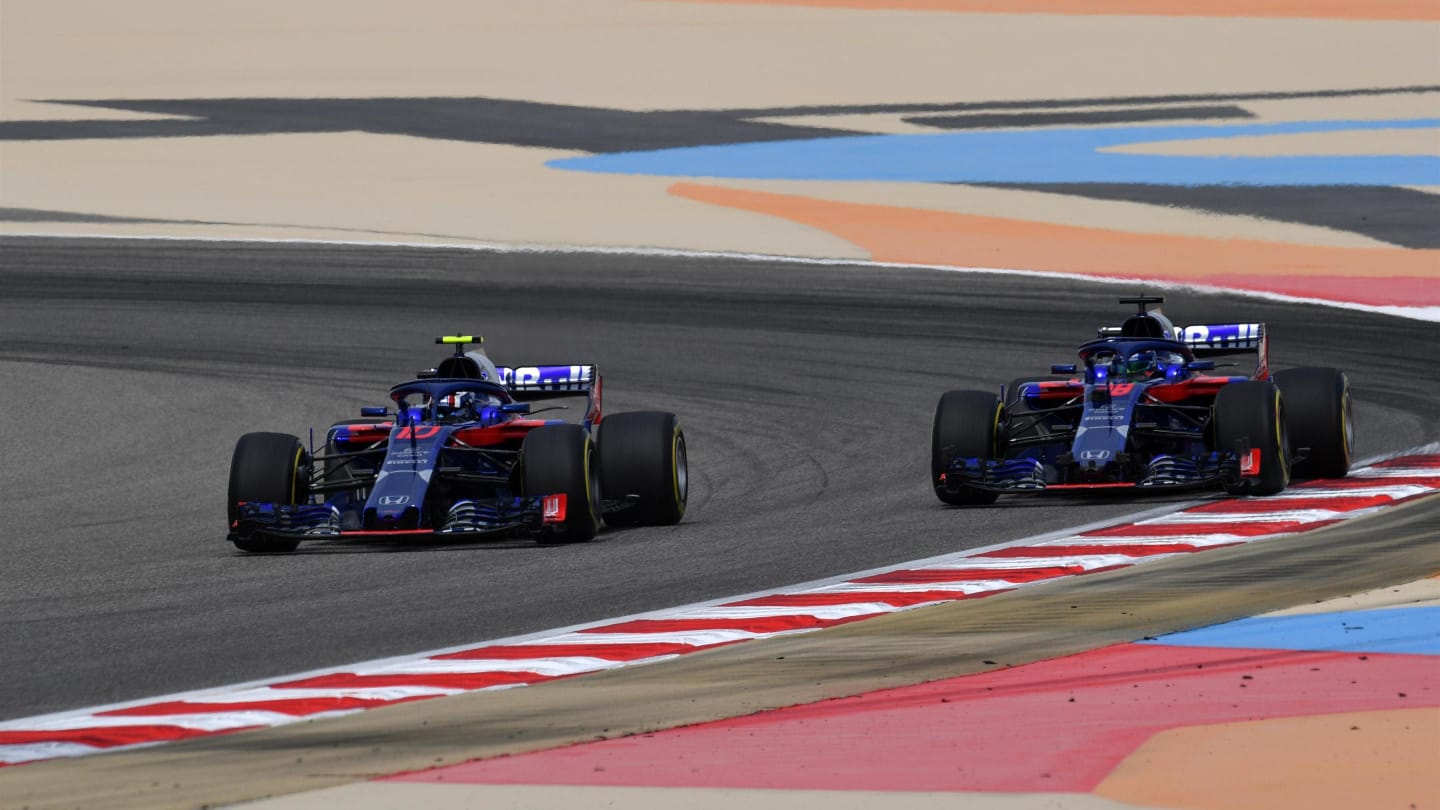 Pierre Gasly (FRA) Scuderia Toro Rosso STR13 and Brendon Hartley (NZL) Scuderia Toro Rosso STR13 at Formula One World Championship, Rd2, Bahrain Grand Prix, Practice, Bahrain International Circuit, Sakhir, Bahrain, Friday 6 April 2018. © Jerry Andre/Sutton Images