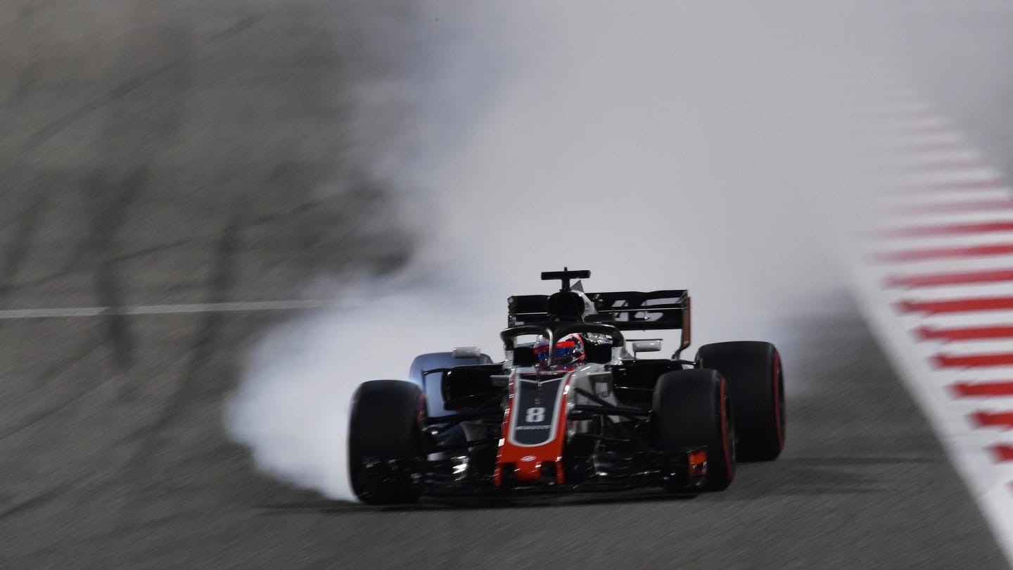 Romain Grosjean (FRA) Haas VF-18 locks up at Formula One World Championship, Rd2, Bahrain Grand Prix, Qualifying, Bahrain International Circuit, Sakhir, Bahrain, Saturday 7 April 2018. © Jerry Andre/Sutton Images