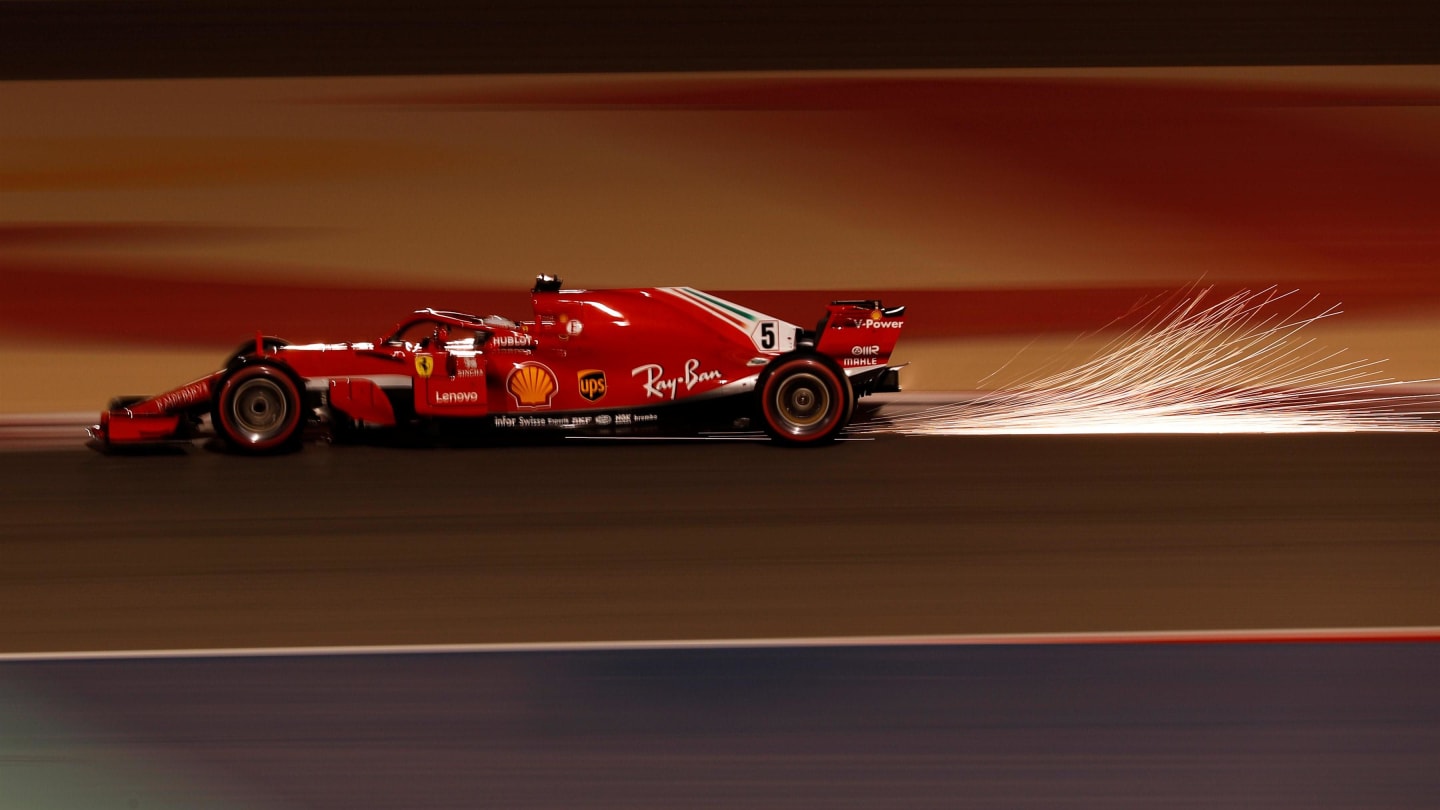 Sebastian Vettel (GER) Ferrari SF-71H sparks at Formula One World Championship, Rd2, Bahrain Grand Prix, Qualifying, Bahrain International Circuit, Sakhir, Bahrain, Saturday 7 April 2018. © Manuel Goria/Sutton Images