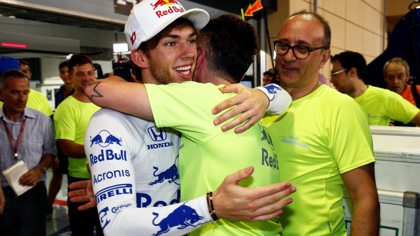 Pierre Gasly (FRA) Scuderia Toro Rosso celebrates fourth place with the team at Formula One World