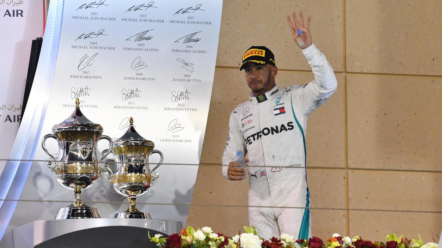 Lewis Hamilton (GBR) Mercedes-AMG F1 celebrates on the podium at Formula One World Championship, Rd2, Bahrain Grand Prix, Race, Bahrain International Circuit, Sakhir, Bahrain, Sunday 8 April 2018. © Mark Sutton/Sutton Images
