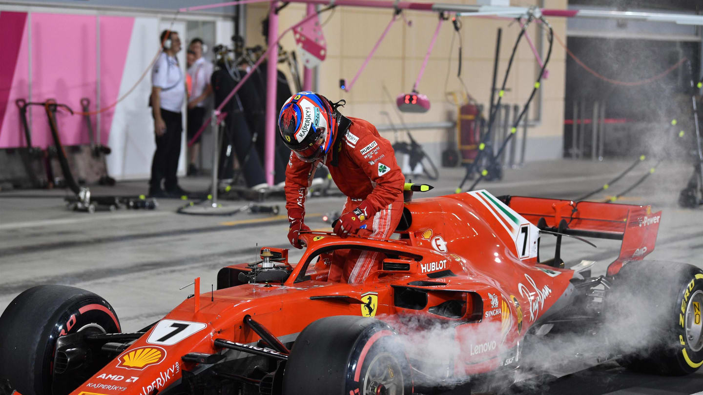 Kimi Raikkonen (FIN) Ferrari SF-71H retires from the race in pit lane at Formula One World Championship, Rd2, Bahrain Grand Prix, Race, Bahrain International Circuit, Sakhir, Bahrain, Sunday 8 April 2018. © Mark Sutton/Sutton Images