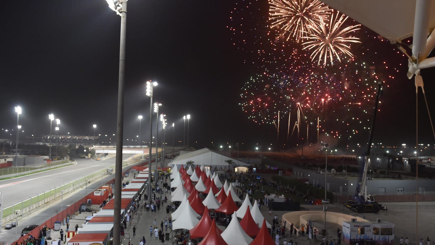 Fireworks at the end of the race at Formula One World Championship, Rd2, Bahrain Grand Prix, Race, Bahrain International Circuit, Sakhir, Bahrain, Sunday 8 April 2018. © Simon Galloway/Sutton Images