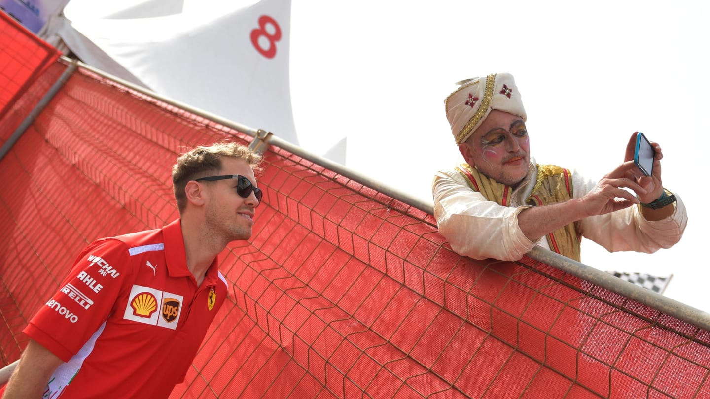 Sebastian Vettel (GER) Ferrari fans selfie at Formula One World Championship, Rd2, Bahrain Grand Prix, Race, Bahrain International Circuit, Sakhir, Bahrain, Sunday 8 April 2018. © Simon Galloway/Sutton Images