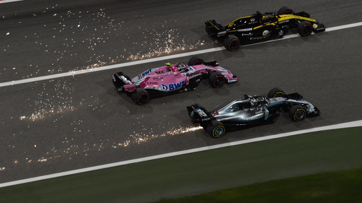 Lewis Hamilton (GBR) Mercedes-AMG F1 W09 EQ Power+, Esteban Ocon (FRA) Force India VJM11 and Nico