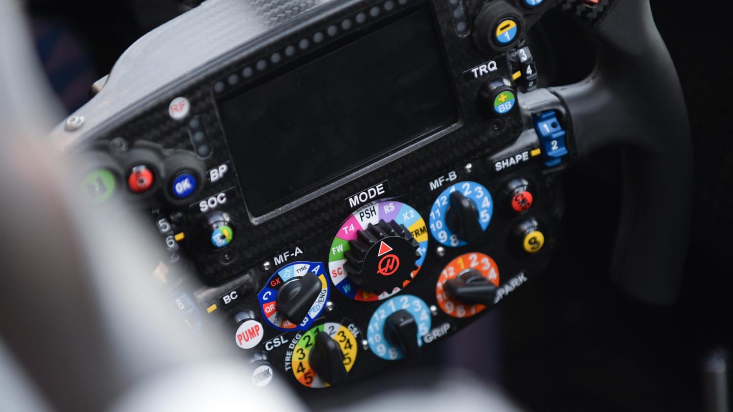 Haas VF-18 steering wheel at Formula One World Championship, Rd2, Bahrain Grand Prix, Preparations, Bahrain International Circuit, Sakhir, Bahrain, Thursday 5 April 2018. © Simon Galloway/Sutton Images
