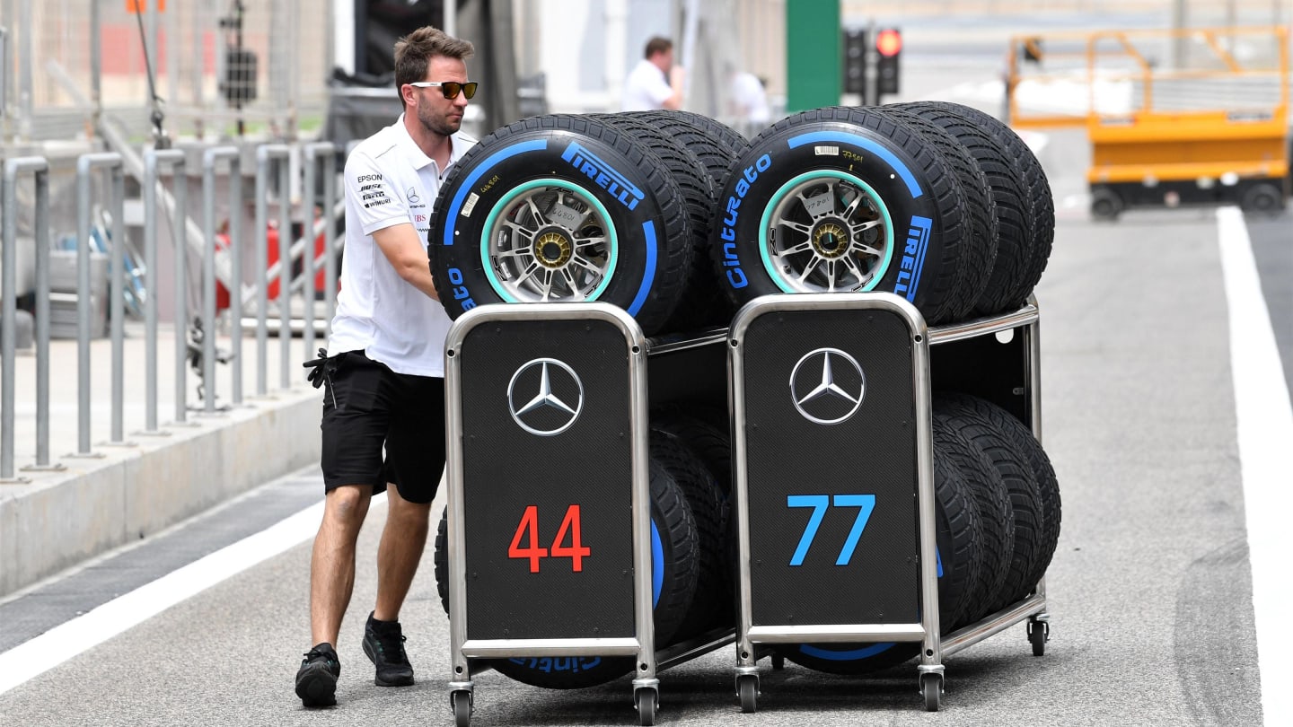 Mercedes AMG F1 mechanic with Pirelli tyres at Formula One World Championship, Rd2, Bahrain Grand Prix, Preparations, Bahrain International Circuit, Sakhir, Bahrain, Thursday 5 April 2018. © Mark Sutton/Sutton Images
