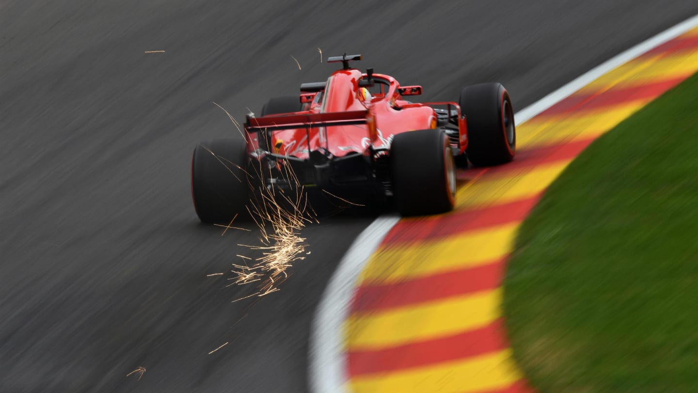 Sebastian Vettel, Ferrari SF71H sparks at Formula One World Championship, Rd13, Belgian Grand Prix,