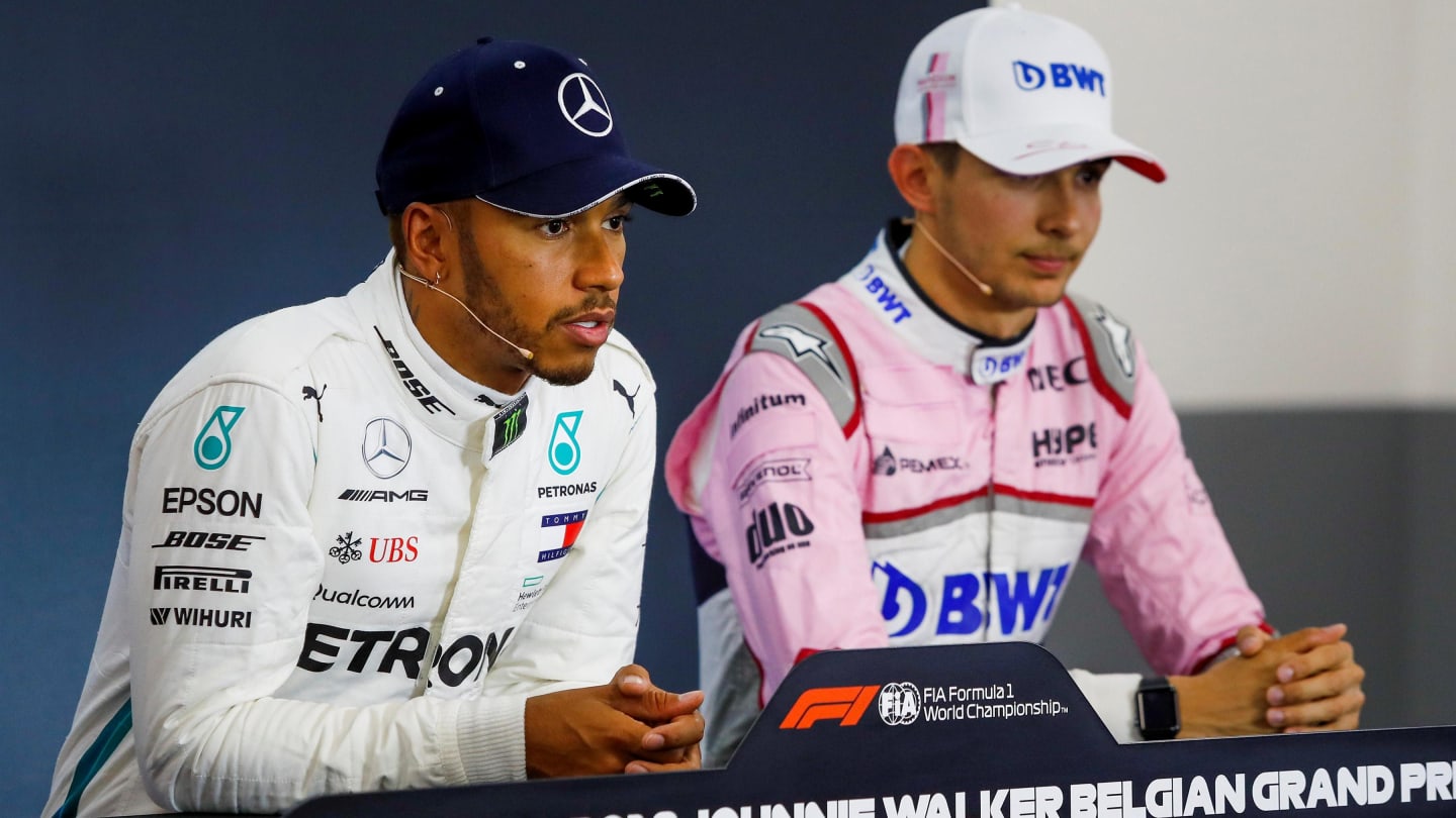 Lewis Hamilton, Mercedes AMG F1 and Esteban Ocon, Racing Point Force India F1 Team in press