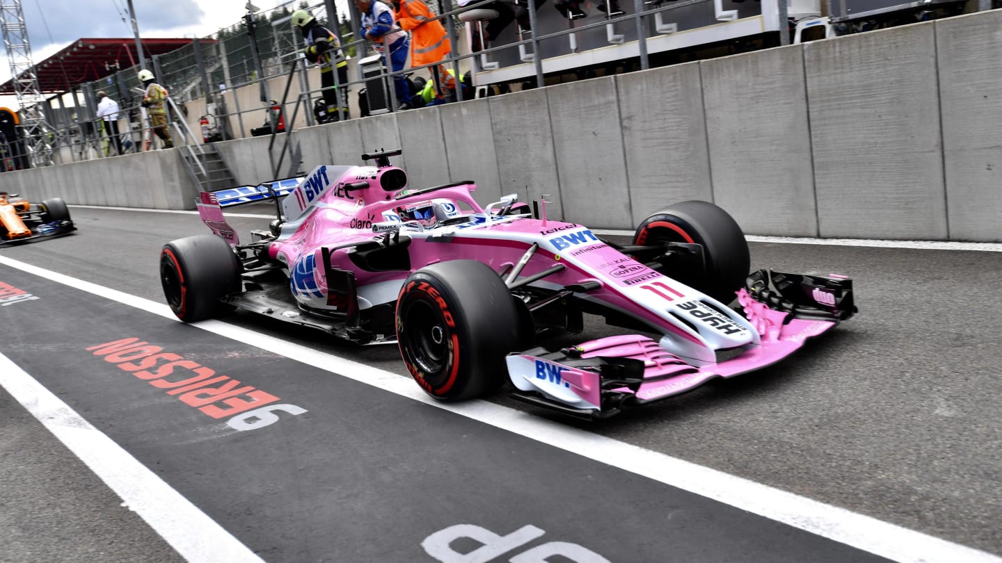 Sergio Perez, Racing Point Force India VJM11 in pit lane at Formula One World Championship, Rd13, Belgian Grand Prix, Qualifying, Spa Francorchamps, Belgium, Saturday 25 August 2018. © Jerry Andre/Sutton Images