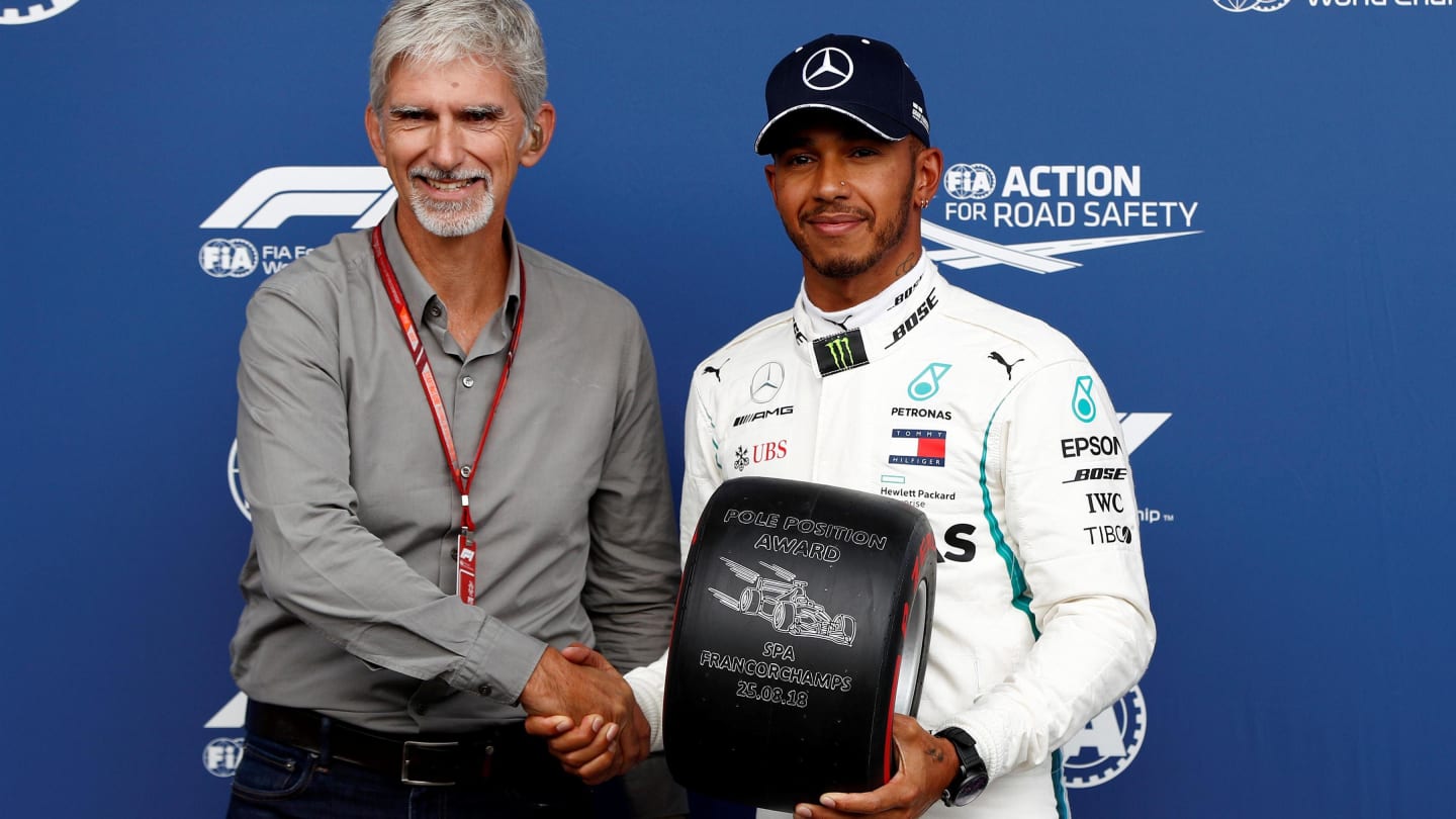 Damon Hill, Sky TV presents the Pirelli Pole Position Award to Lewis Hamilton, Mercedes AMG F1 in parc ferme at Formula One World Championship, Rd13, Belgian Grand Prix, Qualifying, Spa Francorchamps, Belgium, Saturday 25 August 2018. © Glenn Dunbar/LAT/Sutton Images