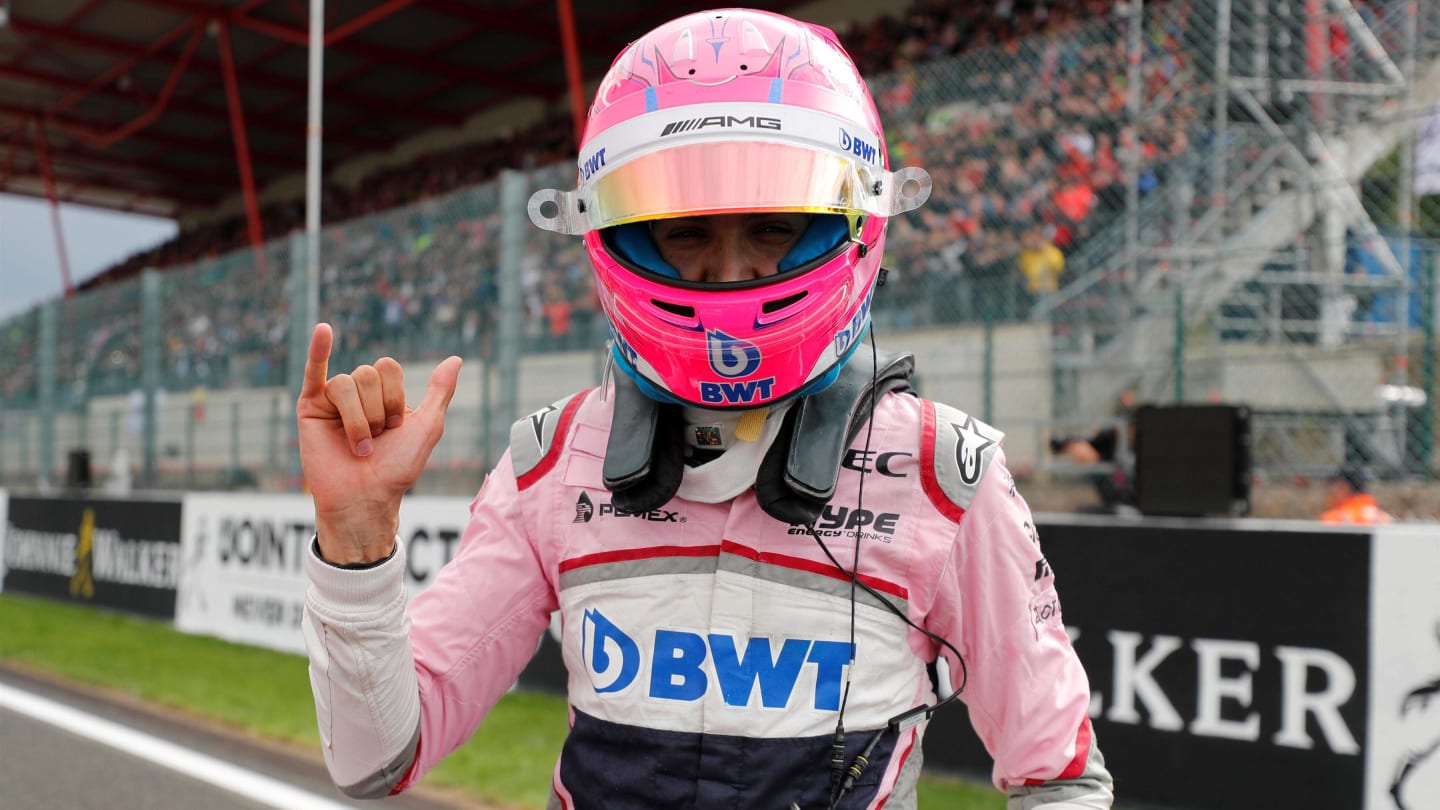 Esteban Ocon, Racing Point Force India F1 Team celebrates in parc ferme at Formula One World Championship, Rd13, Belgian Grand Prix, Qualifying, Spa Francorchamps, Belgium, Saturday 25 August 2018. © Steven Tee/LAT/Sutton Images