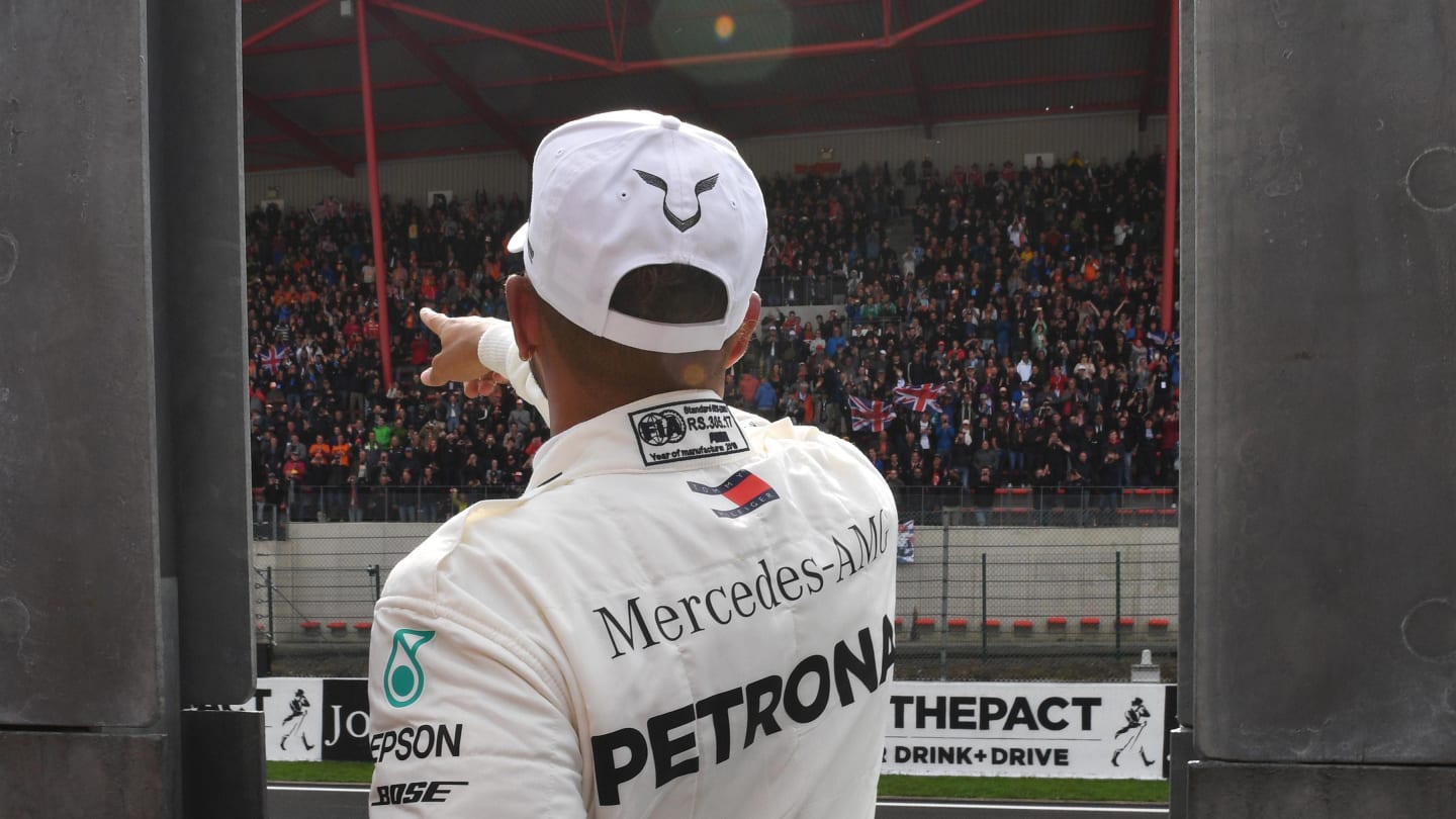 Lewis Hamilton, Mercedes AMG F1 celebrates in parc ferme at Formula One World Championship, Rd13, Belgian Grand Prix, Qualifying, Spa Francorchamps, Belgium, Saturday 25 August 2018. © Mark Sutton/Sutton Images