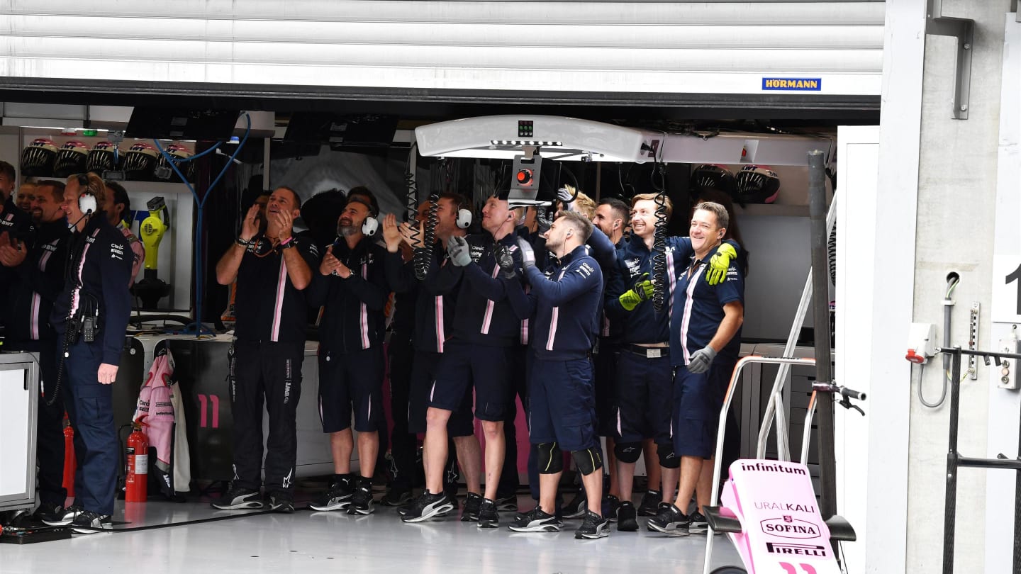 Racing Point Force India F1 Team celebrate in the garage at Formula One World Championship, Rd13, Belgian Grand Prix, Qualifying, Spa Francorchamps, Belgium, Saturday 25 August 2018. © Mark Sutton/Sutton Images