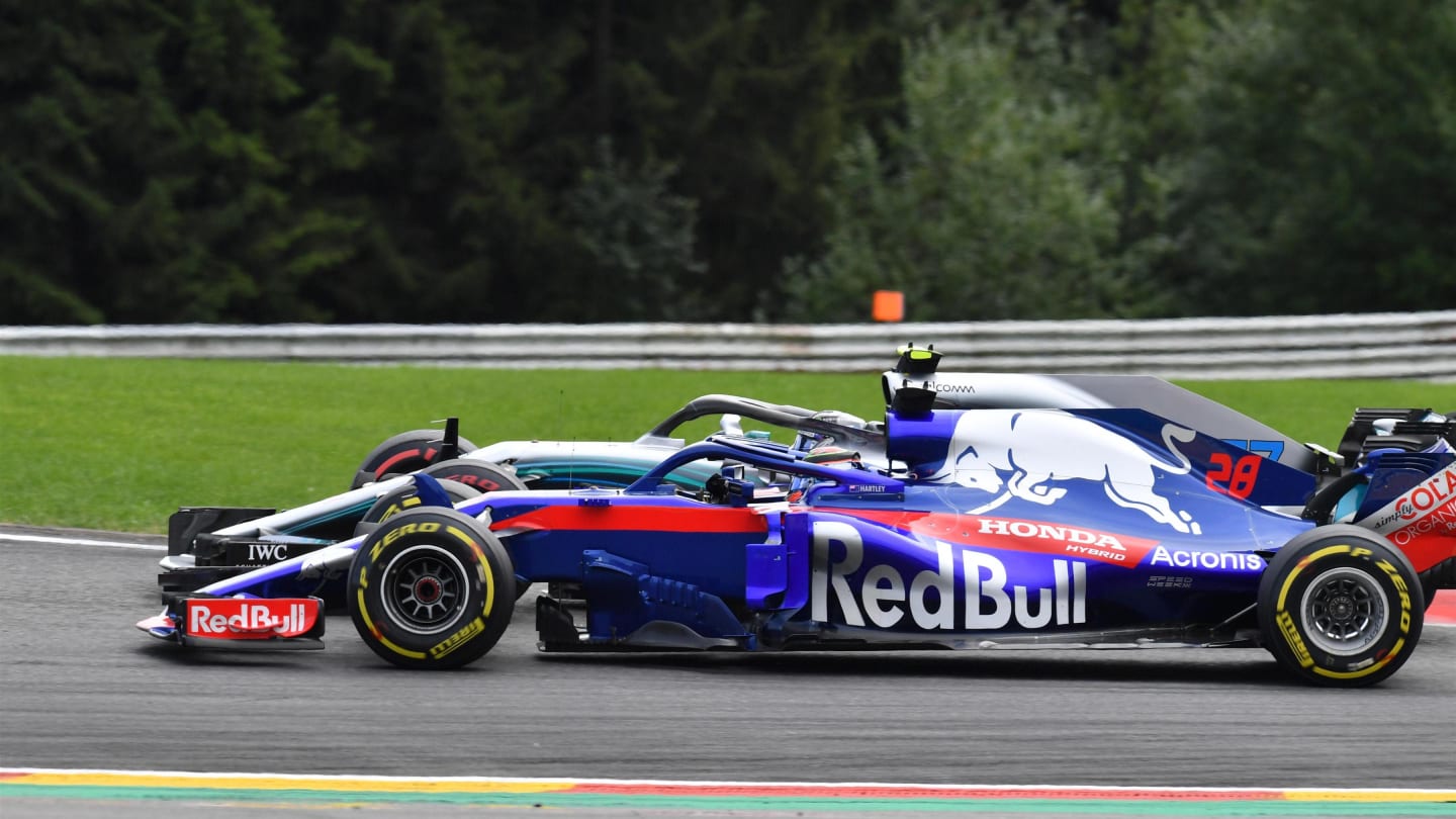 Brendon Hartley, Scuderia Toro Rosso STR13 and Valtteri Bottas, Mercedes AMG F1 W09 at Formula One World Championship, Rd13, Belgian Grand Prix, Race, Spa Francorchamps, Belgium, Sunday 26 August 2018. © Jerry Andre/Sutton Images