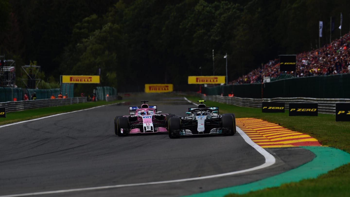Valtteri Bottas, Mercedes AMG F1 W09 and Sergio Perez, Racing Point Force India VJM11 at Formula One World Championship, Rd13, Belgian Grand Prix, Race, Spa Francorchamps, Belgium, Sunday 26 August 2018. © Jerry Andre/Sutton Images