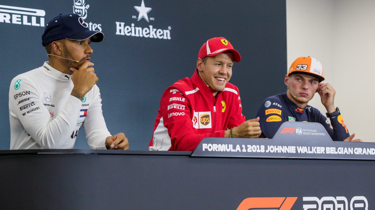 (L to R): Lewis Hamilton, Mercedes AMG F1, Sebastian Vettel, Ferrari and Max Verstappen, Red Bull Racing in the press confrence at Formula One World Championship, Rd13, Belgian Grand Prix, Race, Spa Francorchamps, Belgium, Sunday 26 August 2018. © Manuel Goria/Sutton Images
