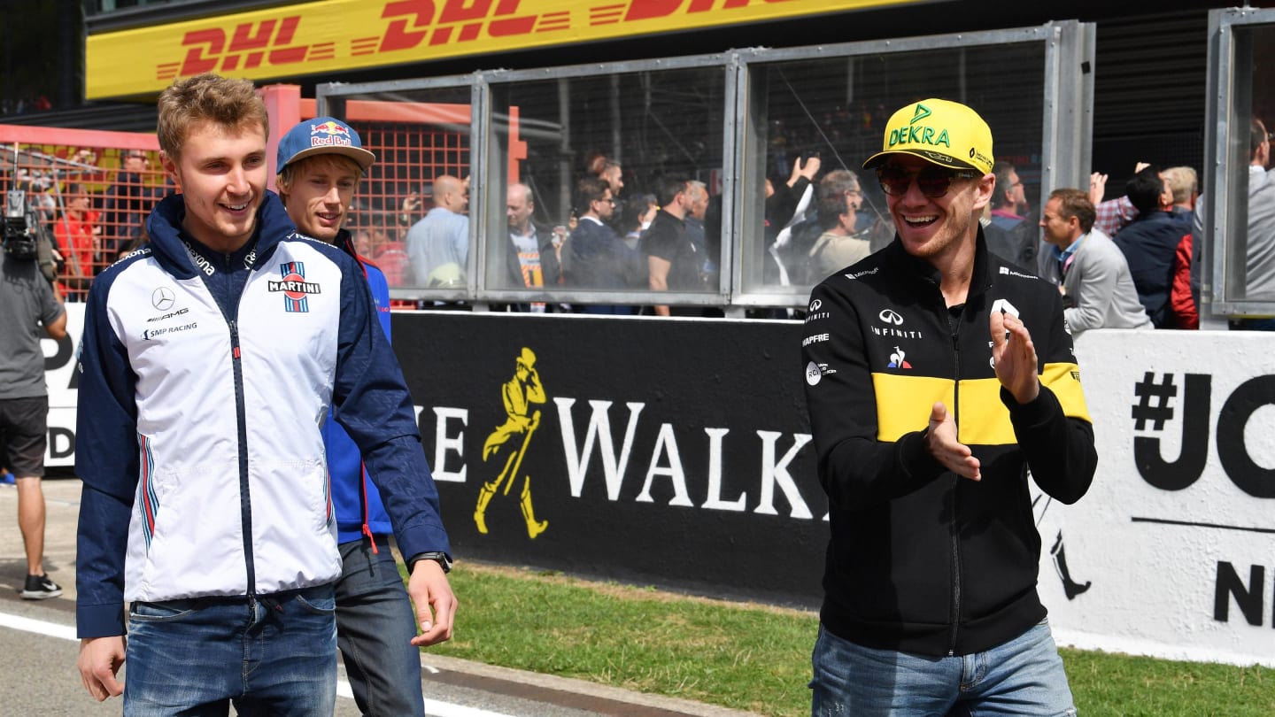 Sergey Sirotkin, Williams Racing and Nico Hulkenberg, Renault Sport F1 Team on the drivers parade at Formula One World Championship, Rd13, Belgian Grand Prix, Race, Spa Francorchamps, Belgium, Sunday 26 August 2018. © Mark Sutton/Sutton Images