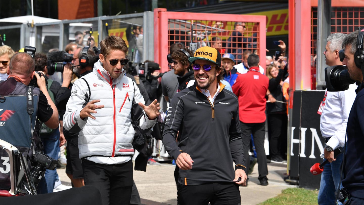 Romain Grosjean, Haas F1 Team and Fernando Alonso, McLaren on the drivers parade at Formula One World Championship, Rd13, Belgian Grand Prix, Race, Spa Francorchamps, Belgium, Sunday 26 August 2018. © Mark Sutton/Sutton Images