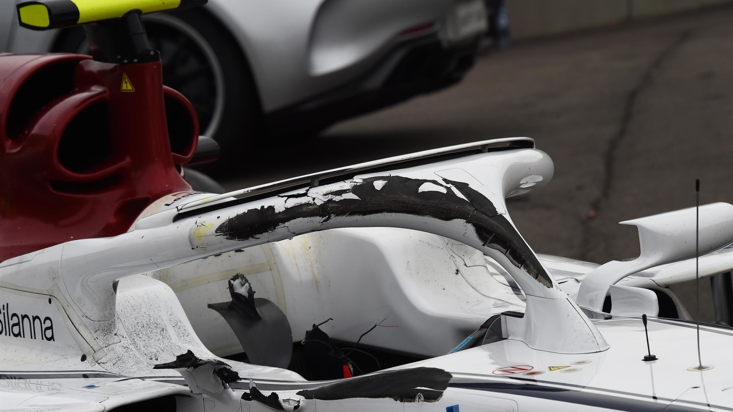 Damaged halo on the crashed car of race retiree Charles Leclerc, Alfa Romeo Sauber C37 at Formula