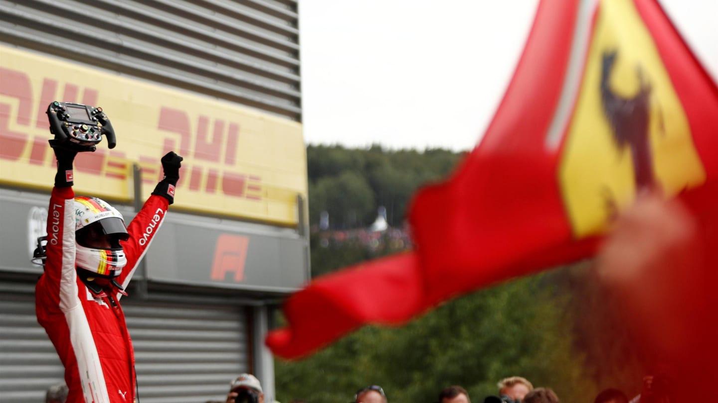 Race winner Sebastian Vettel, Ferrari celebrates in parc ferme at Formula One World Championship, Rd13, Belgian Grand Prix, Race, Spa Francorchamps, Belgium, Sunday 26 August 2018. © Steven Tee/LAT/Sutton Images