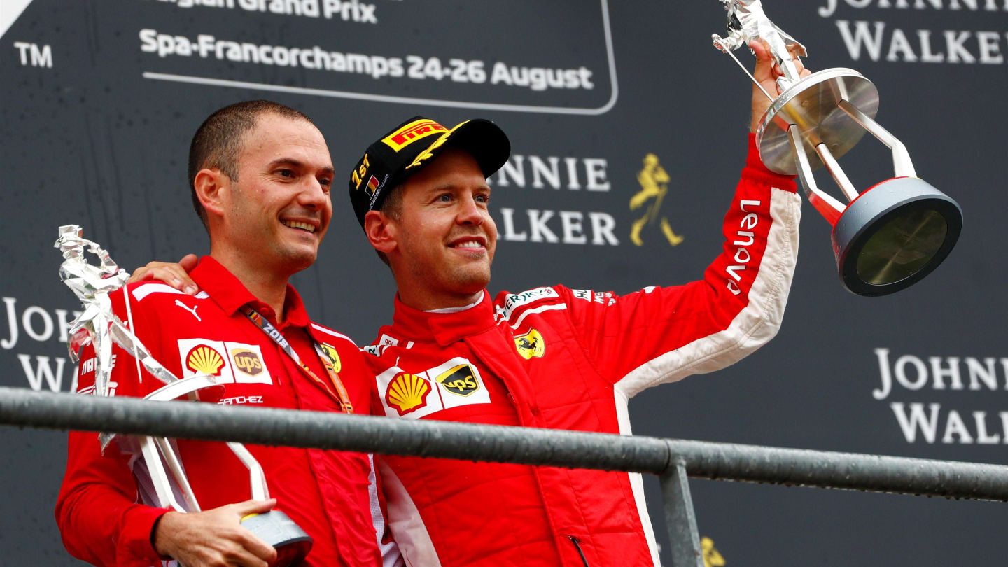 Race winner Sebastian Vettel, Ferrari celebrates on the podium with the trophy at Formula One World Championship, Rd13, Belgian Grand Prix, Race, Spa Francorchamps, Belgium, Sunday 26 August 2018. © Sam Bloxham/LAT/Sutton Images