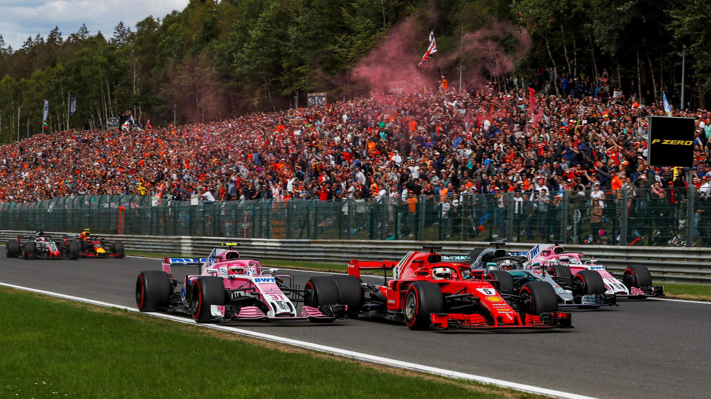 Esteban Ocon, Racing Point Force India F1 Team celebrates in parc ferme at Formula One World Championship, Rd13, Belgian Grand Prix, Qualifying, Spa Francorchamps, Belgium, Saturday 25 August 2018. © Steven Tee/LAT/Sutton Images