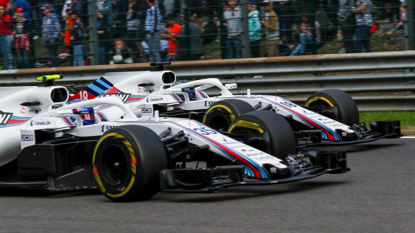 Sergey Sirotkin, Williams FW41 and Lance Stroll, Williams FW41 battle at Formula One World Championship, Rd13, Belgian Grand Prix, Race, Spa Francorchamps, Belgium, Sunday 26 August 2018. © Manuel Goria/Sutton Images