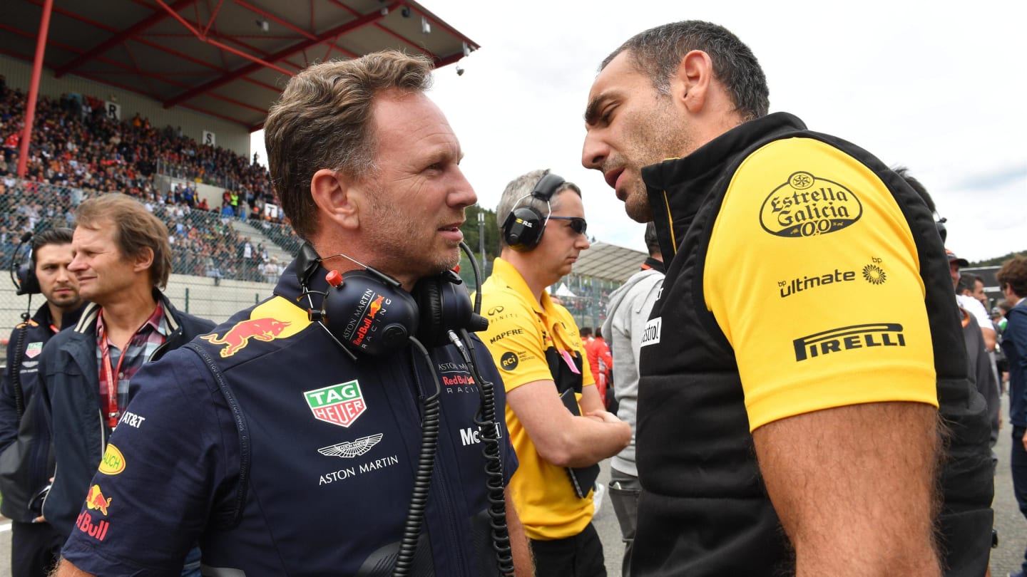 Christian Horner, Red Bull Racing Team Principal and Cyril Abiteboul, Renault Sport F1 Managing Director on the grid at Formula One World Championship, Rd13, Belgian Grand Prix, Race, Spa Francorchamps, Belgium, Sunday 26 August 2018. © Mark Sutton/Sutton Images