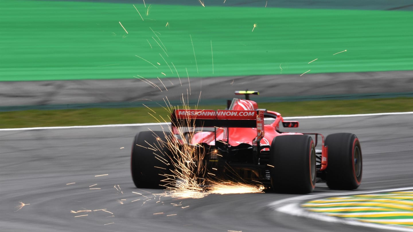 Kimi Raikkonen, Ferrari SF71H sparks at Formula One World Championship, Rd20, Brazilian Grand Prix, Practice, Interlagos, Sao Paulo, Brazil, Friday 9 November 2018.