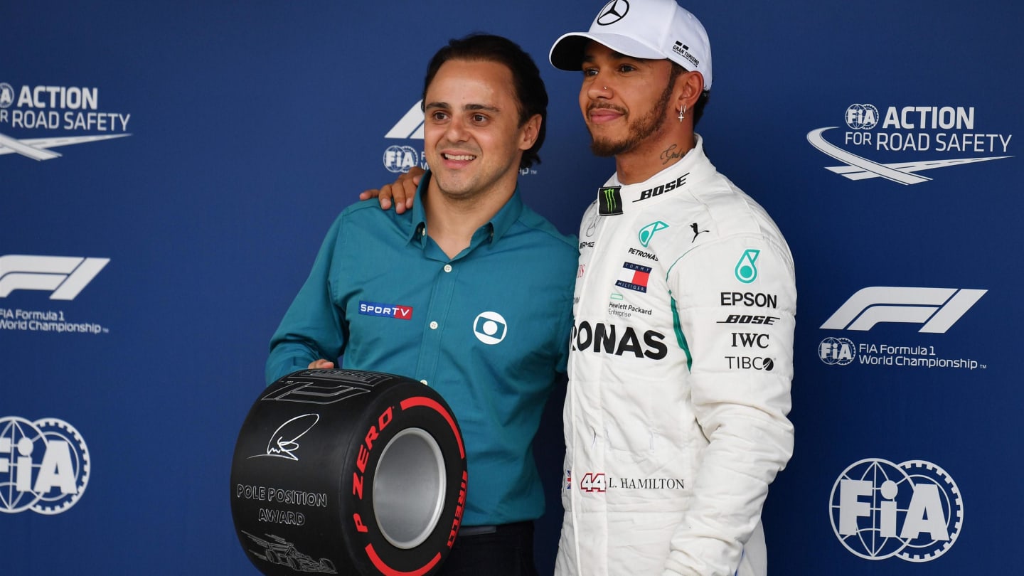 Lewis Hamilton, Mercedes AMG F1 receives the Pirelli Pole Position Award from Felipe Massa at
