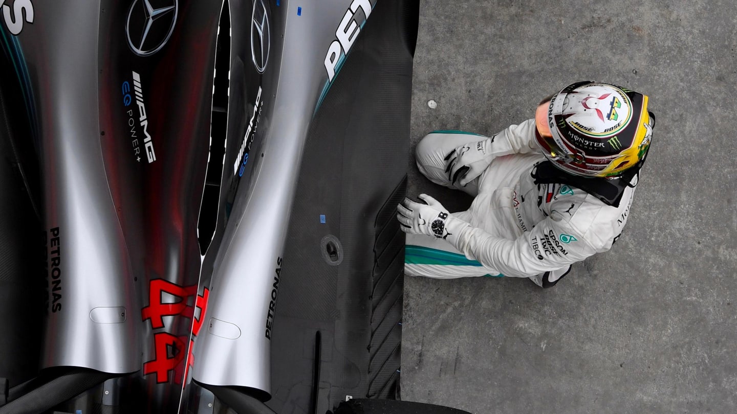 Lewis Hamilton, Mercedes AMG F1 celebrates in Parc Ferme at Formula One World Championship, Rd20, Brazilian Grand Prix, Race, Interlagos, Sao Paulo, Brazil, Sunday 11 November 2018.